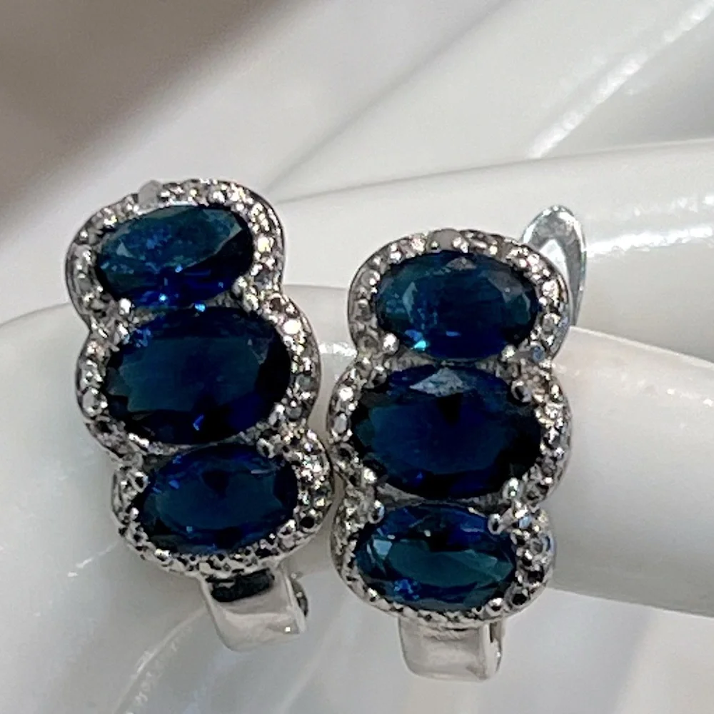 Trilogy Blue Gemstone Diamond Accent Latch Back Earrings - Picture 1 of 11